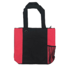 Best Selling Nylon Shopping Totes in black/red with black handles and mesh side pocket.