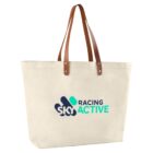 Beige tote bag with brown leather handles and Sky Racing Active logo on the front.