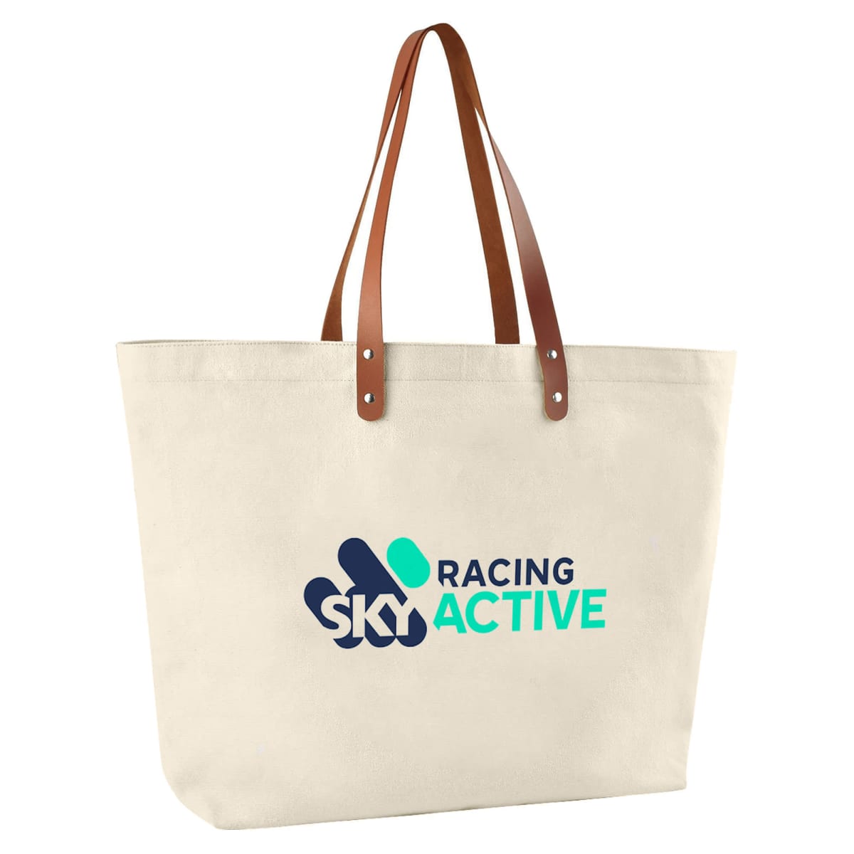 Beige tote bag with brown leather handles and Sky Racing Active logo on the front.