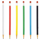 Six Cheap Custom Printed Mechanical Pencils with erasers on a white background, arranged vertically.