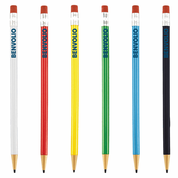 Six Cheap Custom Printed Mechanical Pencils labeled BENVOLIO with erasers, in a row.