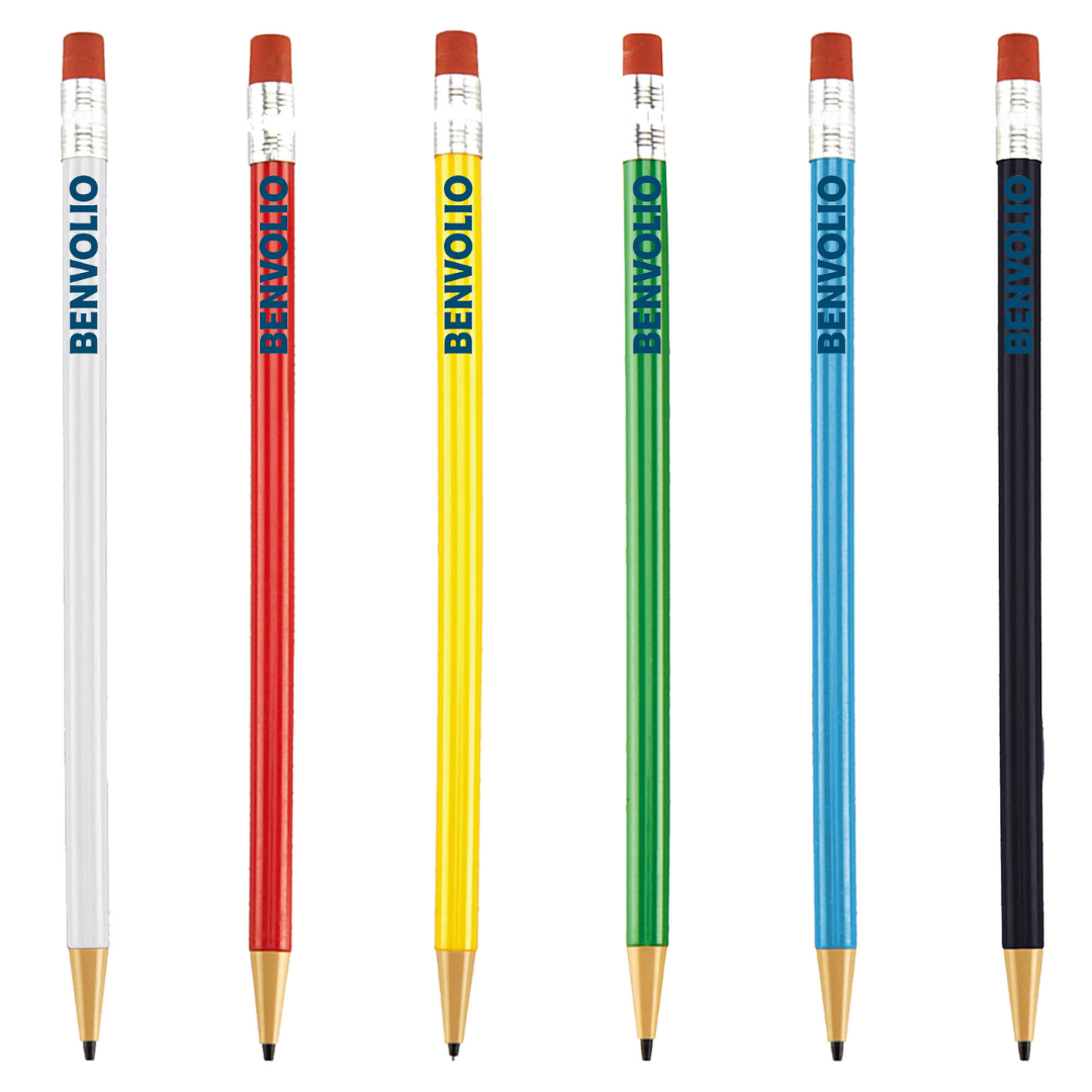 Six Cheap Custom Printed Mechanical Pencils labeled BENVOLIO with erasers, in a row.