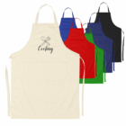 Five Cotton Drill Aprons With Logo Branding, one featuring Cooking text and utensils graphic.