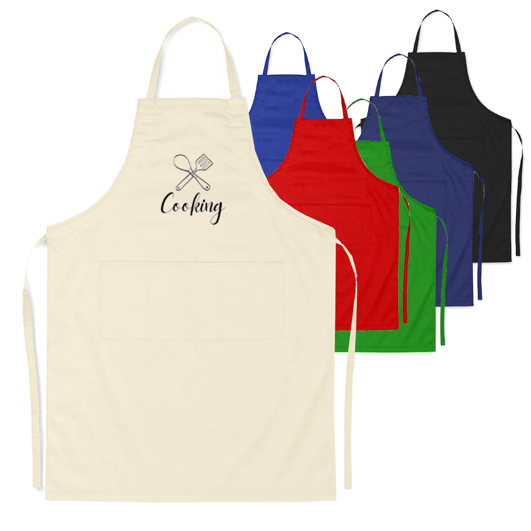 Five Cotton Drill Aprons With Logo Branding, one featuring Cooking text and utensils graphic.