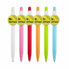 Set of six Event Branded Pens With Badge Button in white, pink, red, orange, green, and blue.