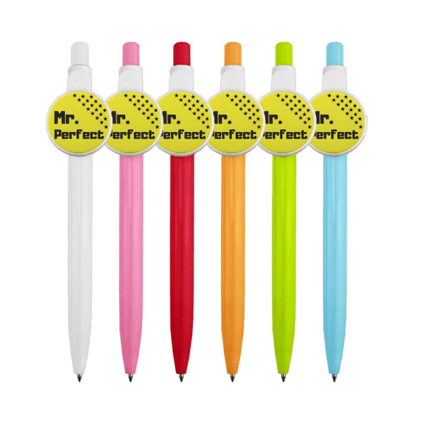 Set of six Event Branded Pens With Badge Button in white, pink, red, orange, green, and blue.