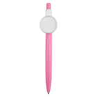 Event Branded Pen With Badge Button, pink barrel with white circular clip on white background.