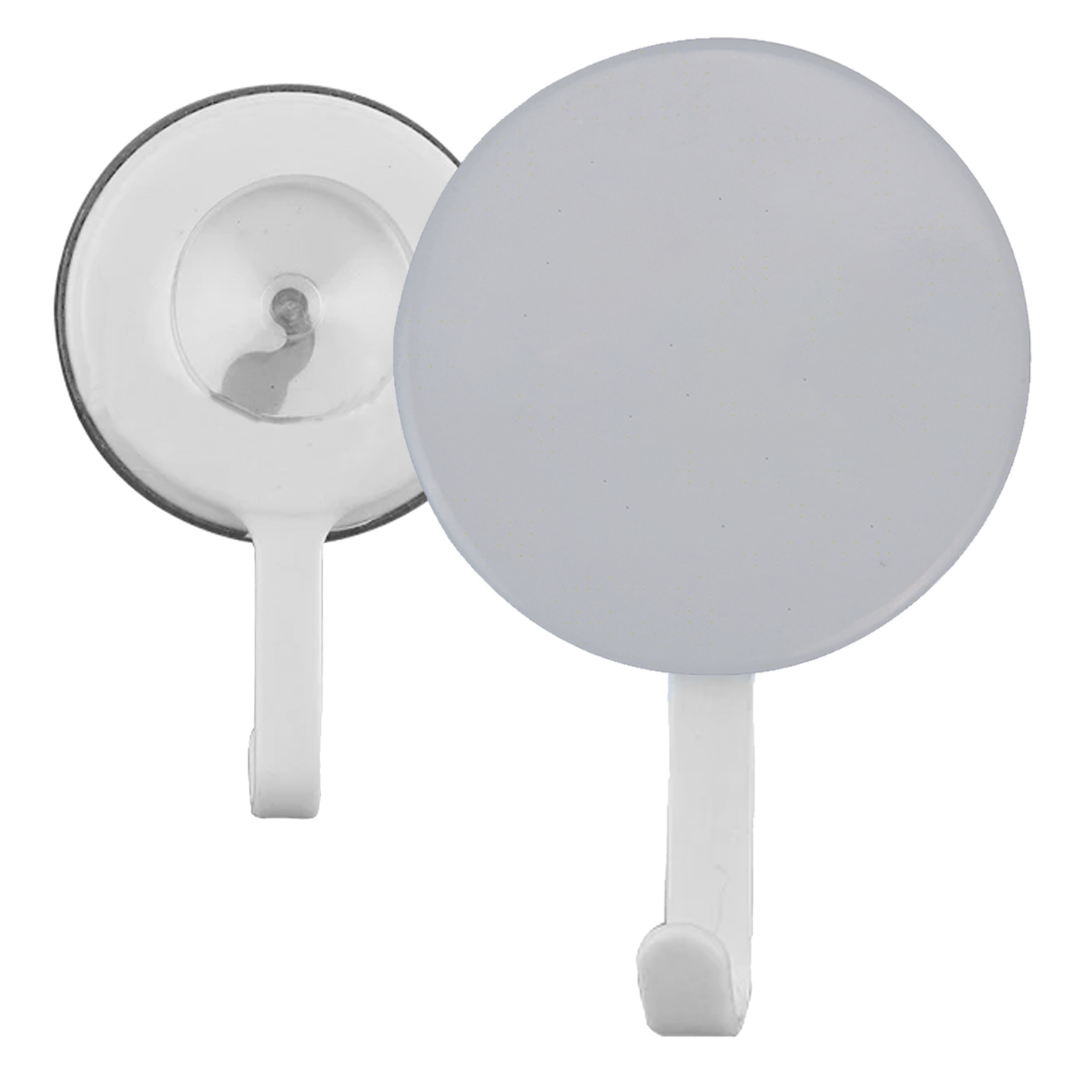 Two white suction wall hooks for Full Colour Logo Button Badge Hangers or displaying badges.