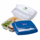 Two blue and white Logo Emblazoned Lunch Boxes 3 Sections, each with cutlery in the lid.