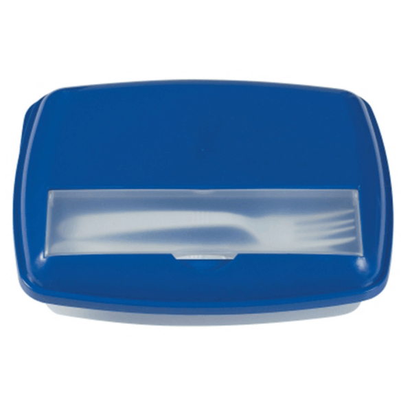 Logo Emblazoned Lunch Box with 3 sections and a clear window revealing a white fork inside.