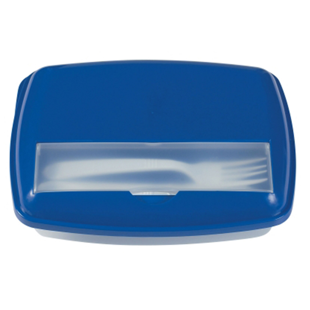 Logo Emblazoned Lunch Box with 3 sections and a clear window revealing a white fork inside.