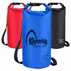Three 10L Logo Imprinted Keep Dry Bags in red, blue, and black with shoulder straps.