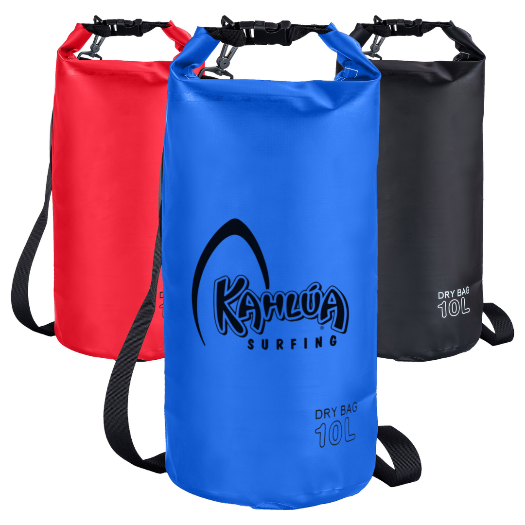 Three 10L Logo Imprinted Keep Dry Bags in red, blue, and black with shoulder straps.