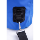 Close-up of a black strap and metal clip on a blue Logo Imprinted Keep Dry Bags waterproof bag.