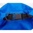 Close-up of a black buckle fastened on a blue Logo Imprinted Keep Dry Bag.
