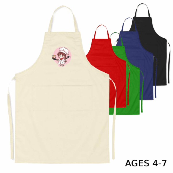Set of 5 Mini Kids Promotional Cotton Aprons, cute chef design, for ages 4-7.