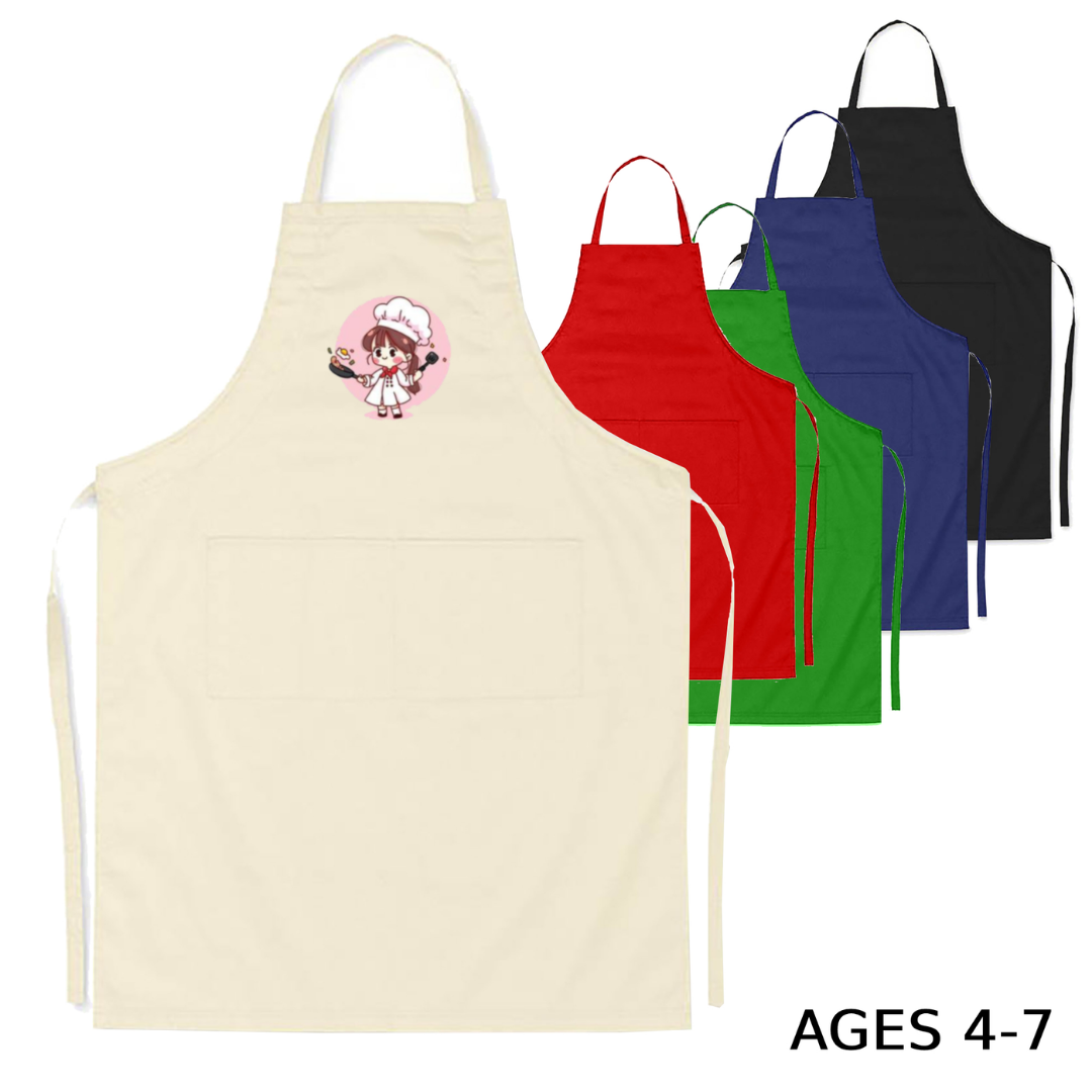 Set of 5 Mini Kids Promotional Cotton Aprons, cute chef design, for ages 4-7.