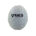 A brain-shaped stress ball with the RACQ Leadership Academy logo printed in black on the surface. The texture resembles brain folds and grooves.