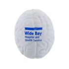 A white stress ball shaped like a brain with the text Wide Bay Hospital and Health Service printed on it in blue.