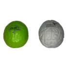 Two spherical objects shaped like human brains. The left one is green with Brain Foundation printed on it. The right one is white with University of Western Sydney and a logo featuring a bird in flight. Both have detailed brain patterns.