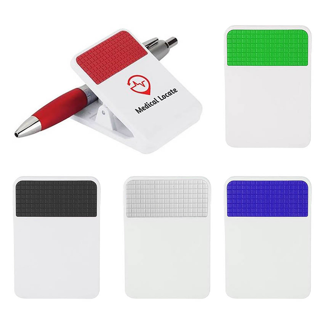 Set of 5 Promotional Fridge Magnets With Clips, one holding a pen, branded Medical Lance.