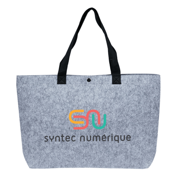 Promotional Paris Felt Tote Bag—gray with black handles and syntec numérique logo.