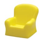 A bright yellow, miniature armchair-shaped toy with a smooth finish. The chair has a high backrest and rounded armrests. It is isolated on a white background.