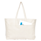 Large white Super Shopper Bags Logo Decorated with a paper showing in the front pocket.