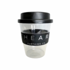 350ml Clear Promotional Tritan Carry Cup with black lid and band labeled THE AR CLOTHING CO.