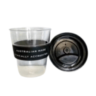 350ml Clear Promotional Tritan Carry Cup, black sleeve & lid, Australian Made, Ethical.