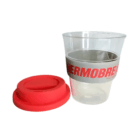 Labeled 350ml Clear Promotional Tritan Carry Cup with red lid, ideal for branding events.