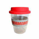 350ml Clear Promotional Tritan Carry Cup with red lid and THERMOBRE band—ideal for giveaways.