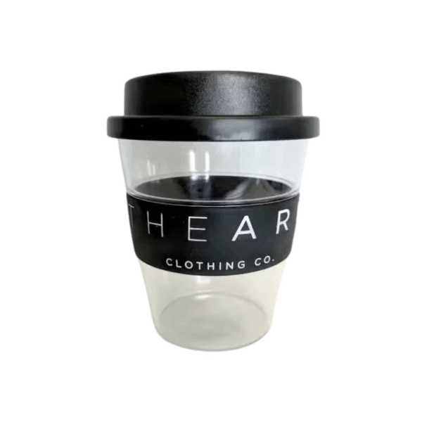 350ml Clear Promotional Tritan Carry Cup with black lid and band labeled THE AR CLOTHING CO.