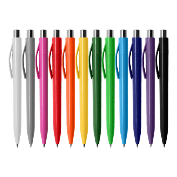 Twelve Bulk Branded European Style Pens in assorted colors on a white background.