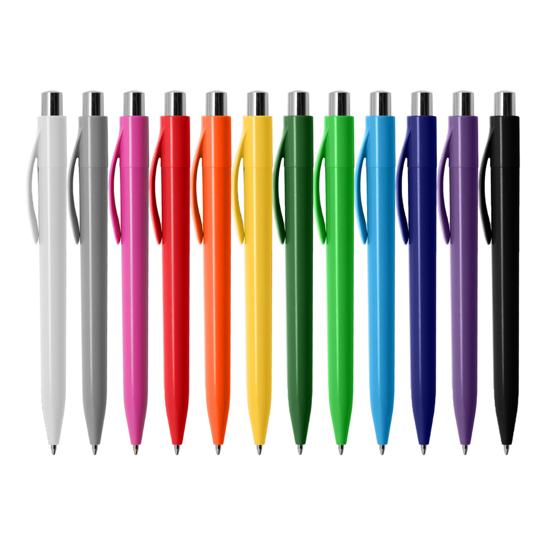 Twelve Bulk Branded European Style Pens in assorted colors on a white background.