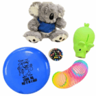 Childrens Promotional Fun Gift Set: plush koala, piggy bank, frisbee, pencils, rainbow slinky.