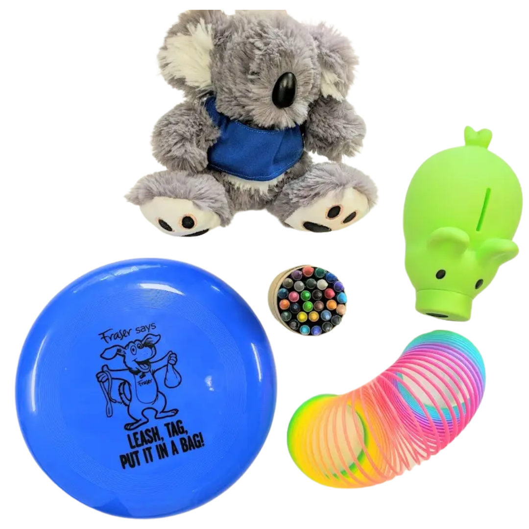 Childrens Promotional Fun Gift Set: plush koala, piggy bank, frisbee, pencils, rainbow slinky.