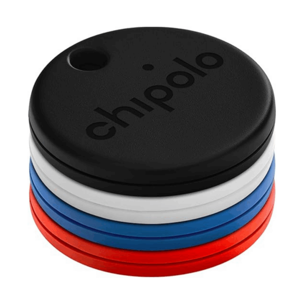 Stack of CHIPOLO Classic Promotional V2 Key Finders in black, white, blue, and red.