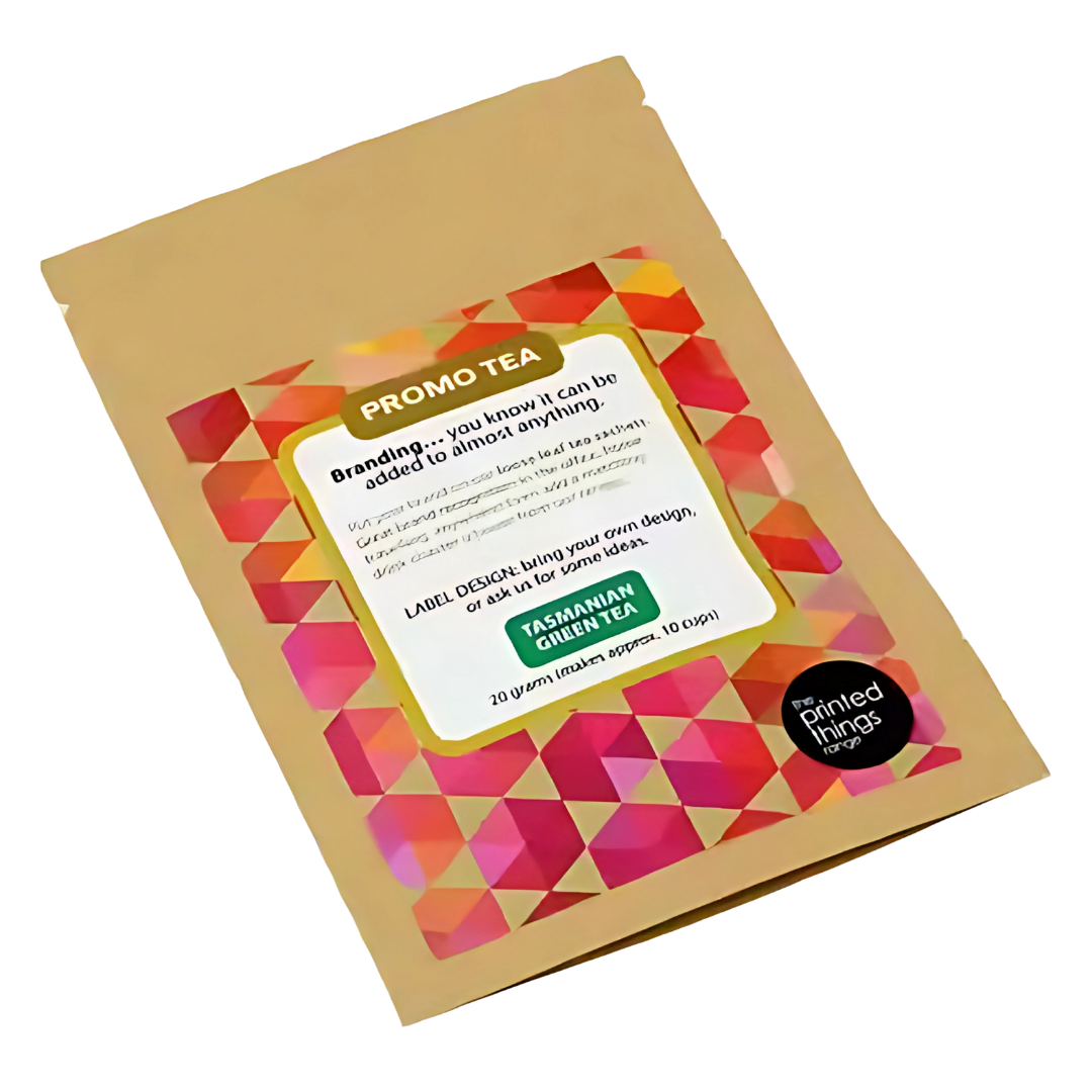 Logo Branded 20g Tea Packets in brown promo pouch with colorful label.