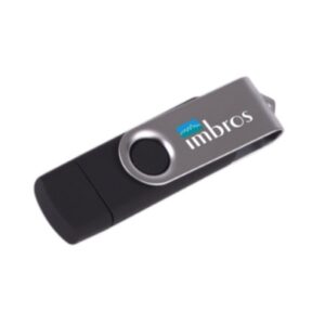 Black swivel USB flash drive printed with the Imbros logo in white and blue.
