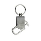 Silver metal keychain with a rectangular body and attached carabiner clip.