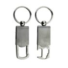 Two metal keychains, each with a different built-in bottle opener and clasp design.