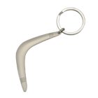 A keychain with a silver metal keyring attached to a boomerang-shaped charm. The charm is sleek and metallic, featuring minimalistic engraved lines near its curve.