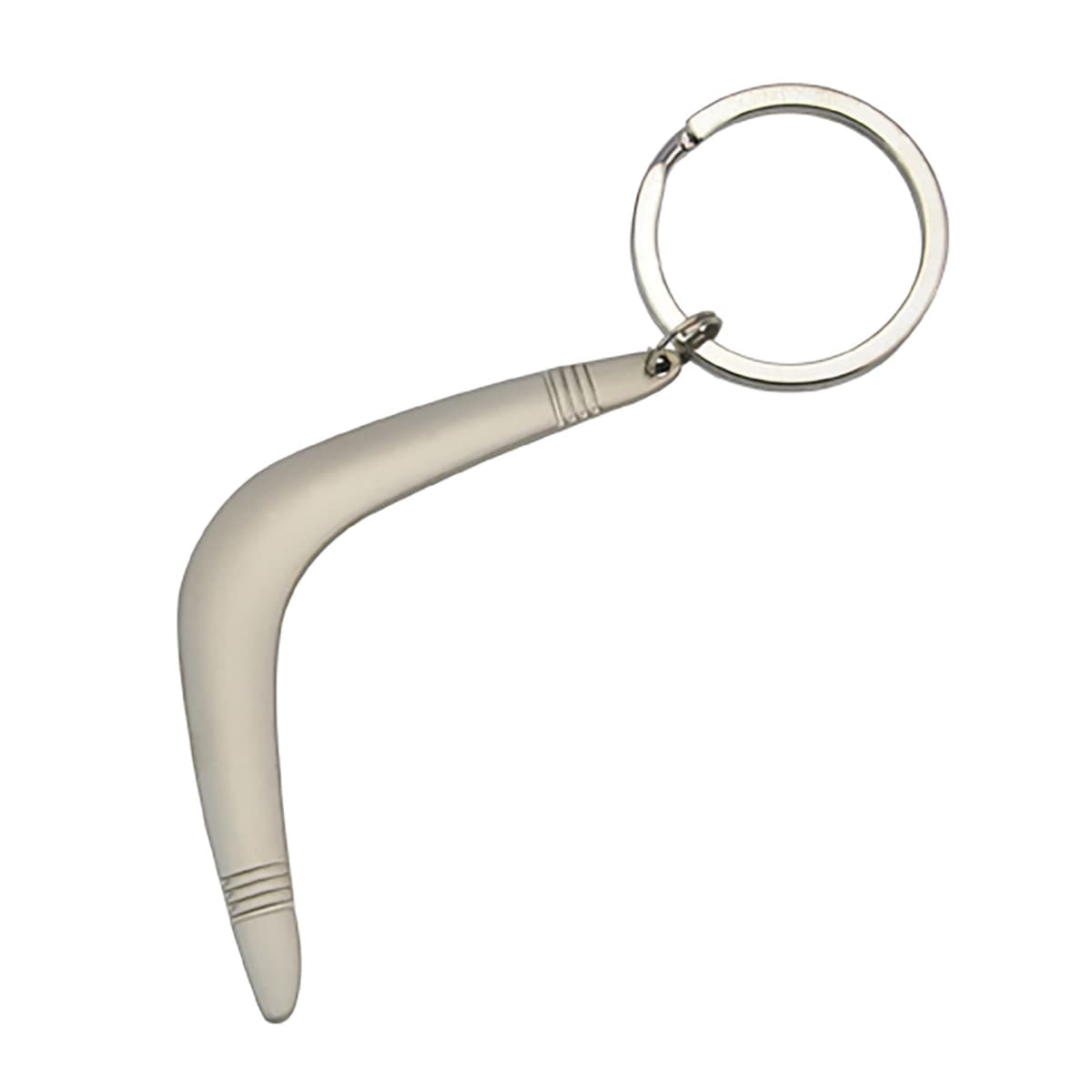 A keychain with a silver metal keyring attached to a boomerang-shaped charm. The charm is sleek and metallic, featuring minimalistic engraved lines near its curve.