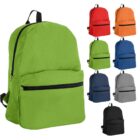 Nine backpacks in different colors including green, red, orange, blue, navy, gray, and black.