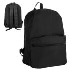 Black backpack shown from front and back, with a zippered front pocket and shoulder straps.