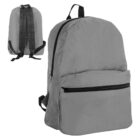 Gray backpack with front zipper pocket; back view shown in upper left corner.