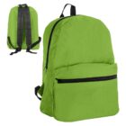 Bright green backpack with a front zipper pocket and black straps, shown front and back.