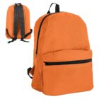 Orange backpack with a front zipper pocket and black shoulder straps, shown front and back.