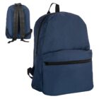 Navy blue backpack with front zipper pocket and adjustable black shoulder straps.